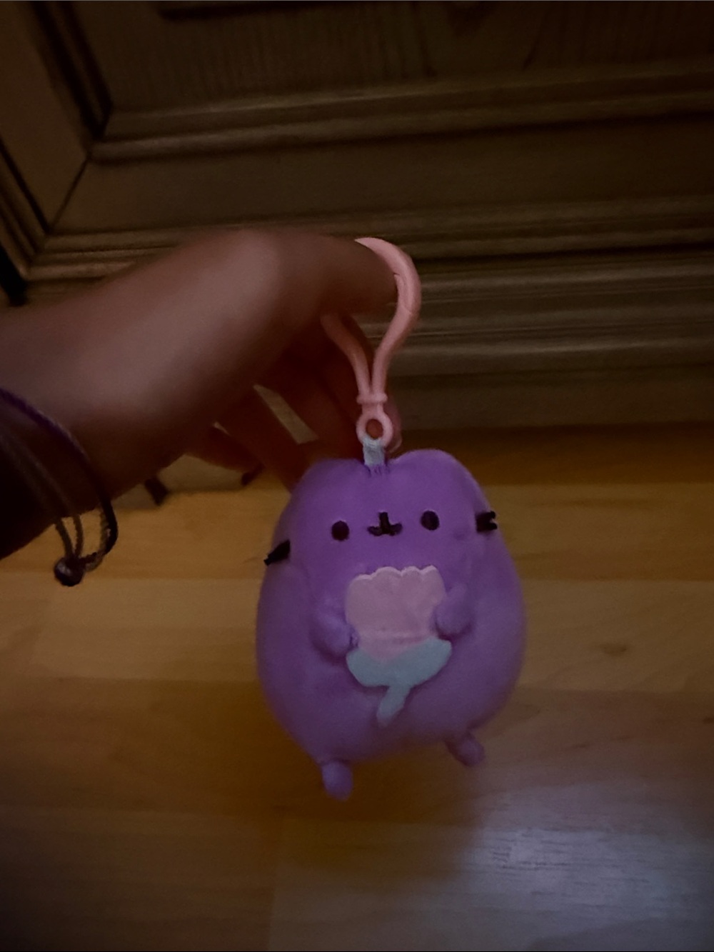 Pusheen Purple Plush Keychain with Pink Shell Accent